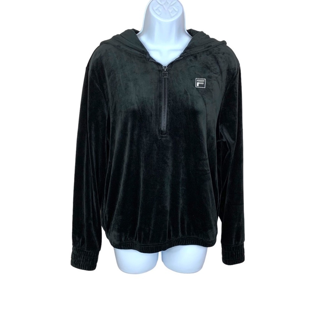 Vintage FILA Black Velour Pullover Hoodie Stretch Soft Small Long Sleeve